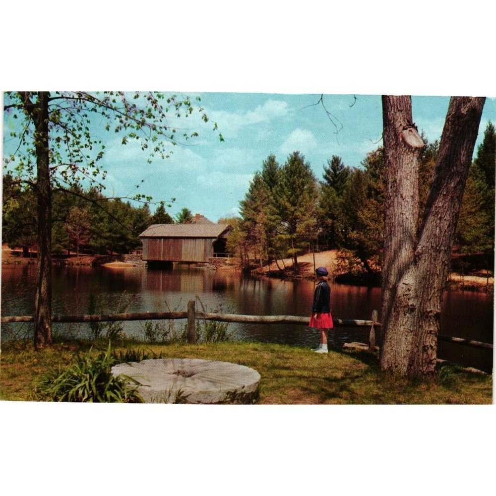 Old Sturbridge Village Covered Bridge Postcard Millpond Vermont Travel Vintage